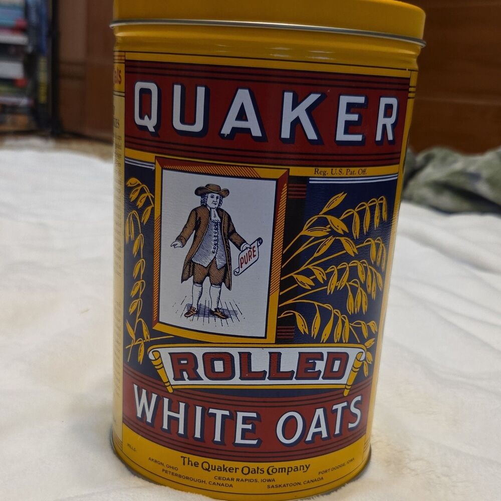 Quaker Vintage Rolled White Oats Limited Edition Cereal Tin Canister w/ Lid 1993